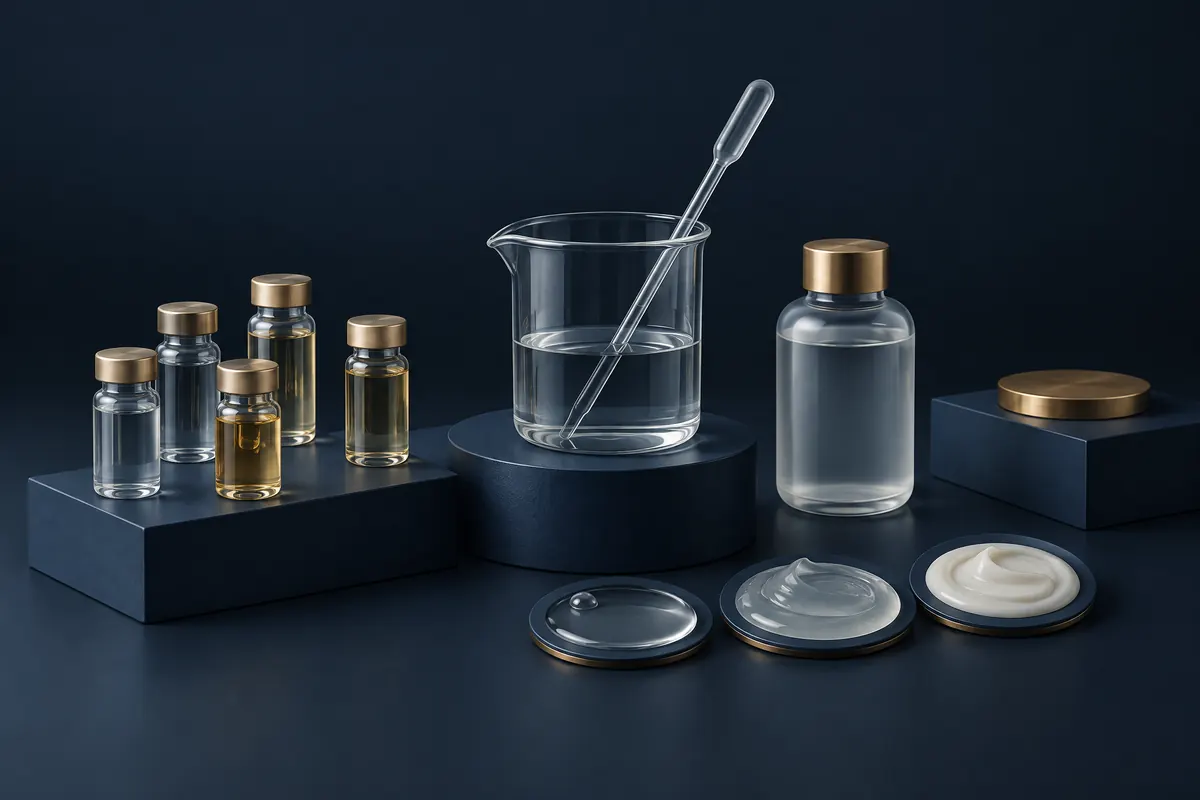 Industrial 3D illustration of formula vials and mixing tools