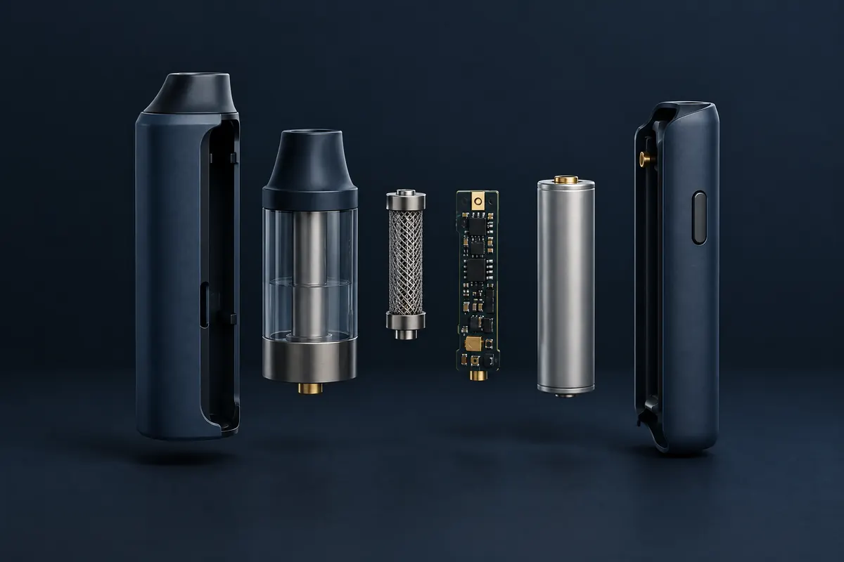 Exploded-view 3D illustration of generic vaporization device components