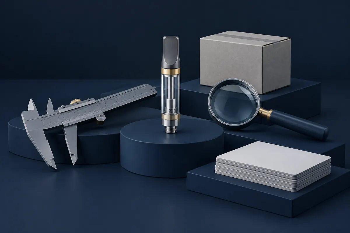 Industrial 3D illustration of a cartridge, inspection tools and packaging